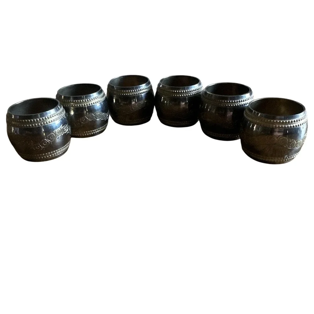 Gold‎ And Silver Elegant Engraved Floral India 6 Napkin Rings Brass Set Of 6 VTG